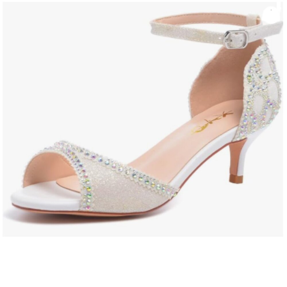 XYD White Glitter Open Toe Rhinestones Ankle Strap Sandals Low Heel Bridal Shoes
